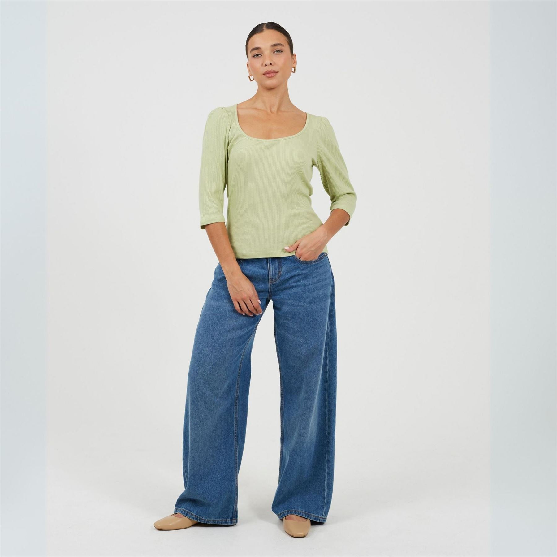 Brave Soul Square Neck Puff Sleeve Three Quarter T-Shirt