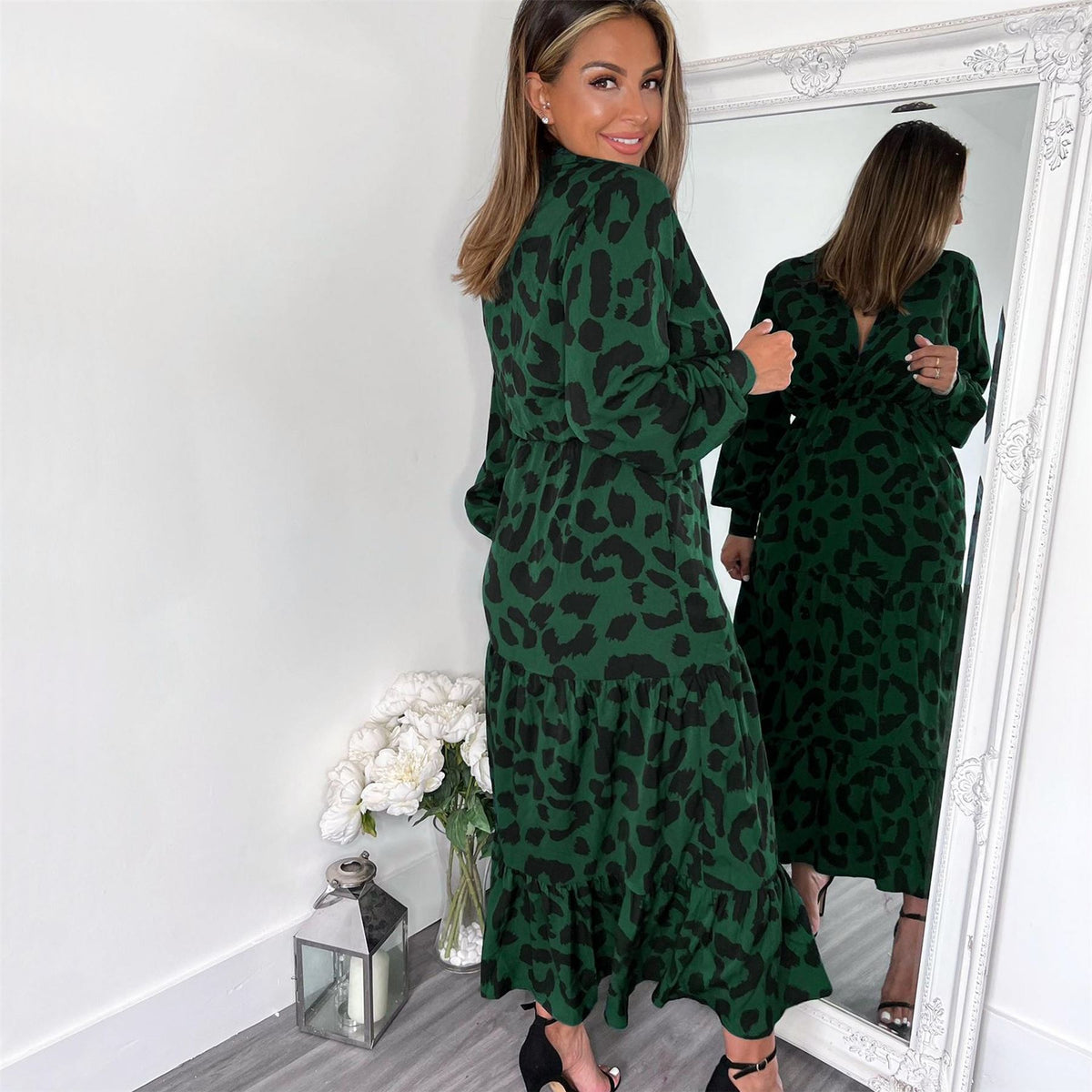 AX Paris Leopard Print Long Sleeve Smock Midi Dress