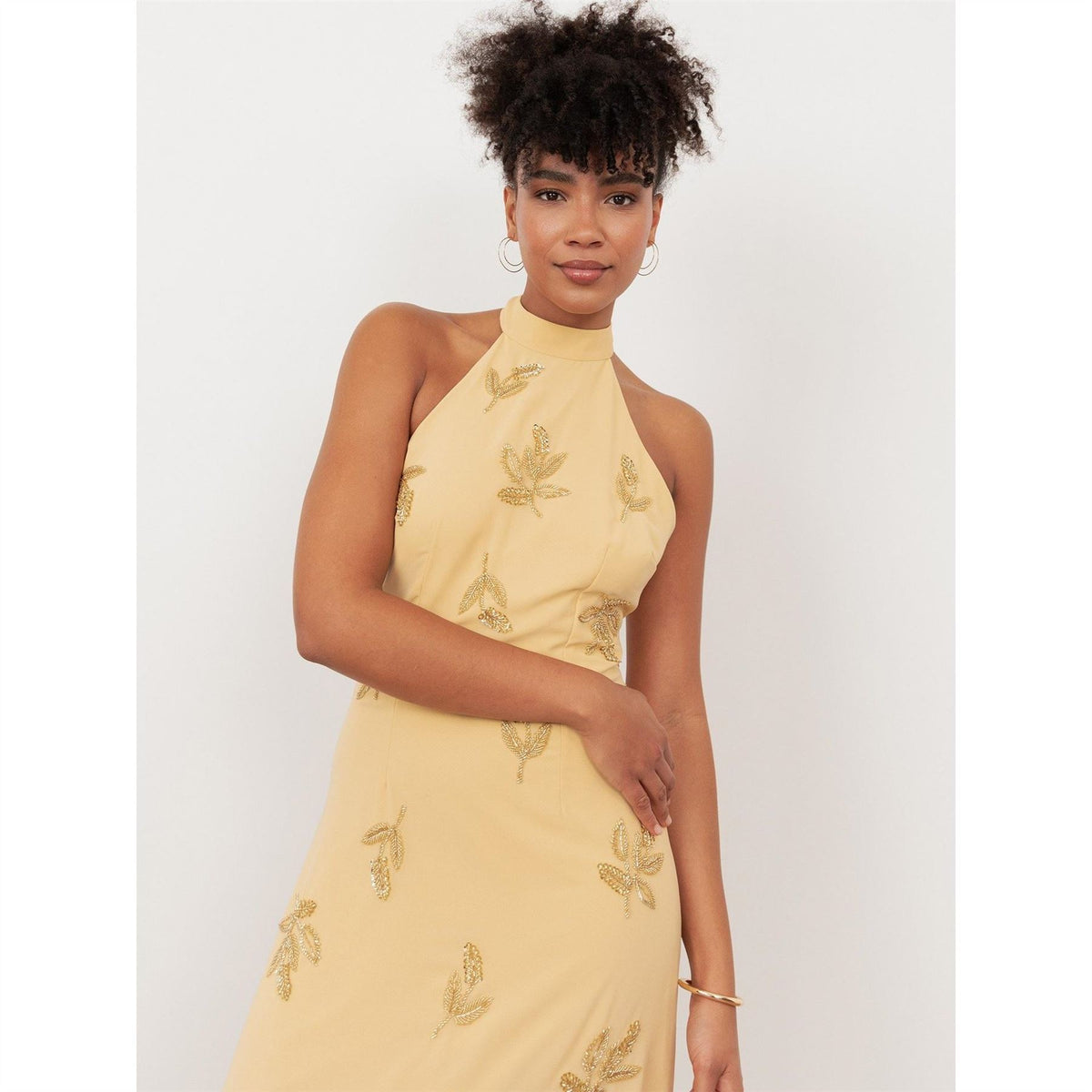 Maya Deluxe Buttercream Embellished Halter Neck  And  Open Back Maxi Dress