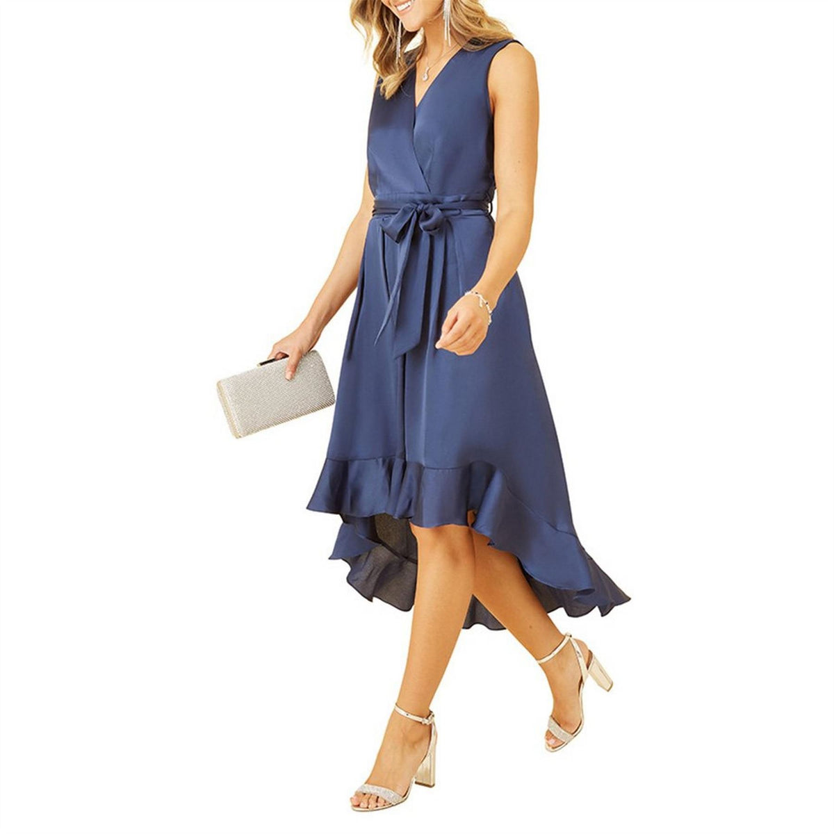 Mela London Green Satin Dipped Hem Midi Wrap Dress