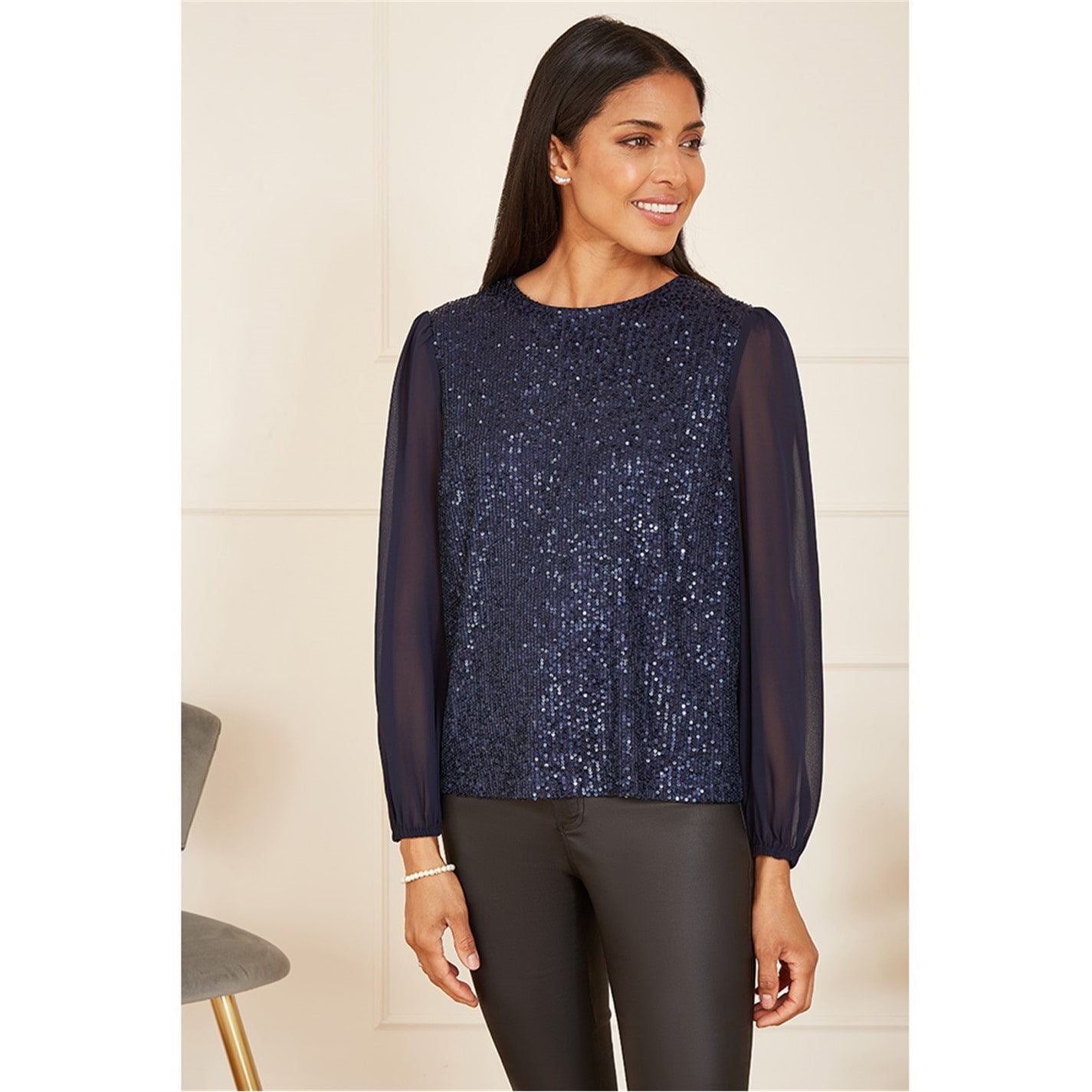 Yumi Sequin Top With Sheer Sleeves