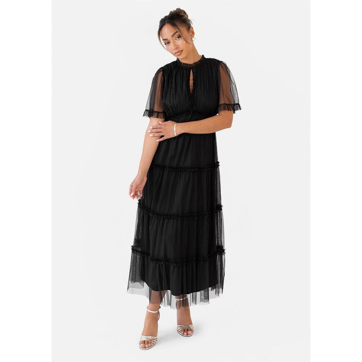 Anaya With Love With Love Black Keyhole Detail Short Sleeve Frill Midaxi Dress