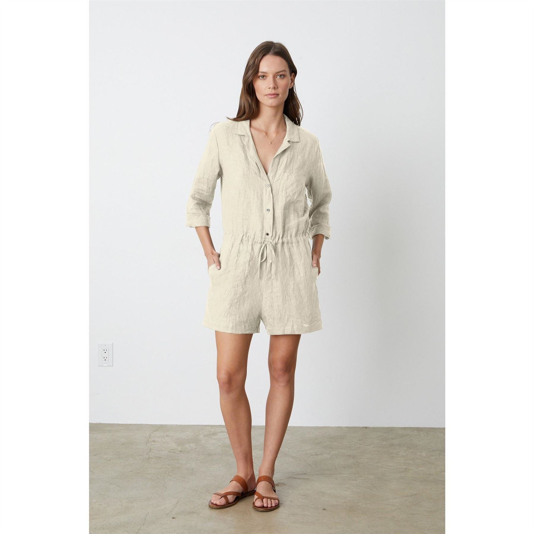 Velvet by Graham and Spencer Collared Neck Three Quarter Sleeve Solid Patterned Playsuit