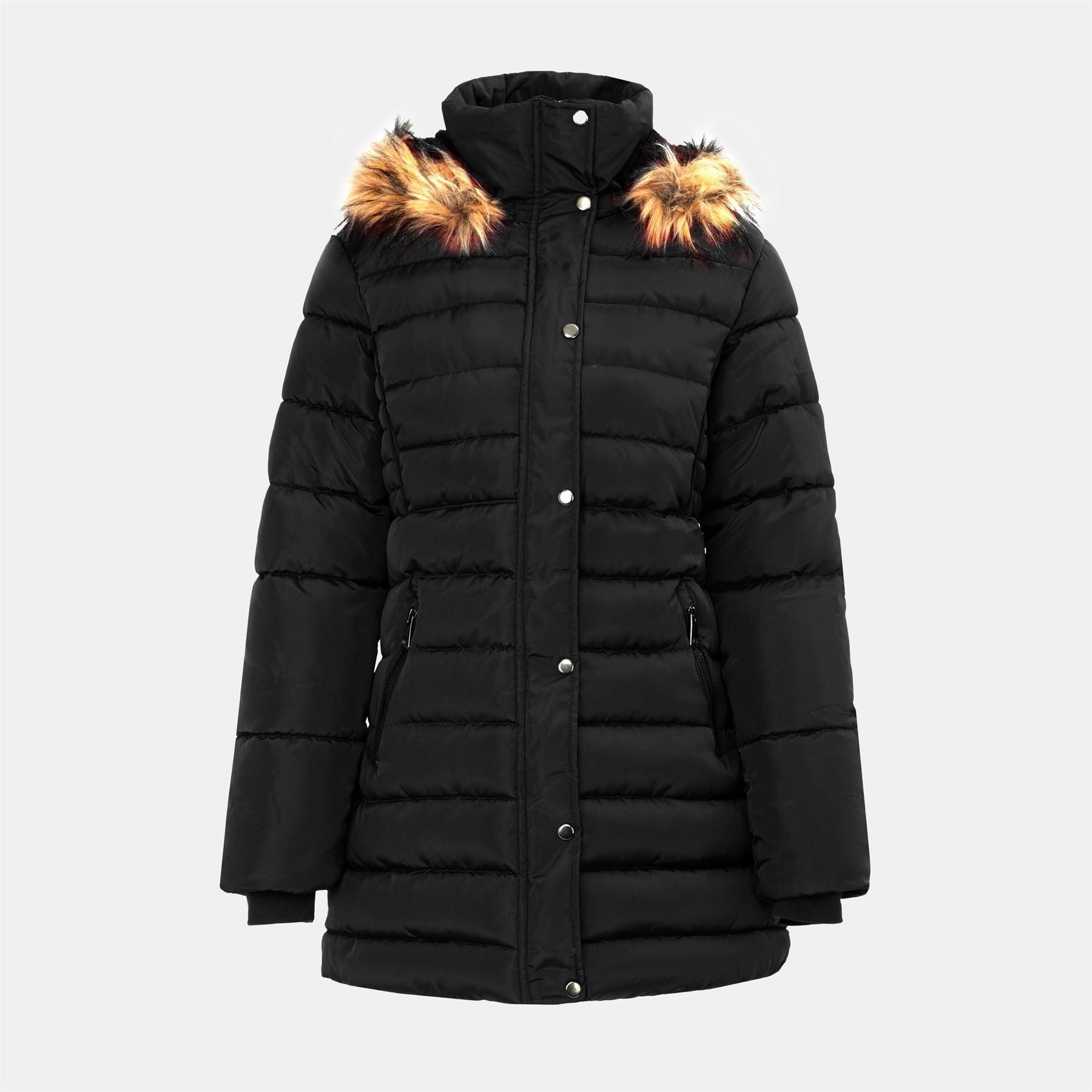I Saw It First Solid Patterned Hooded Snap Button Fur Trim Ribbed Cuff Parka Jacket