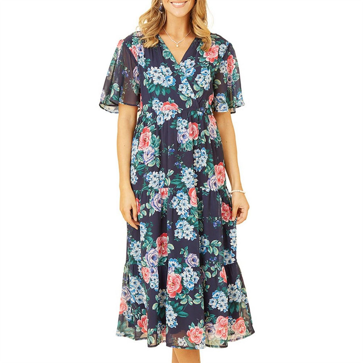 Yumi Green Floral V-Neck Midi Tiered Dress