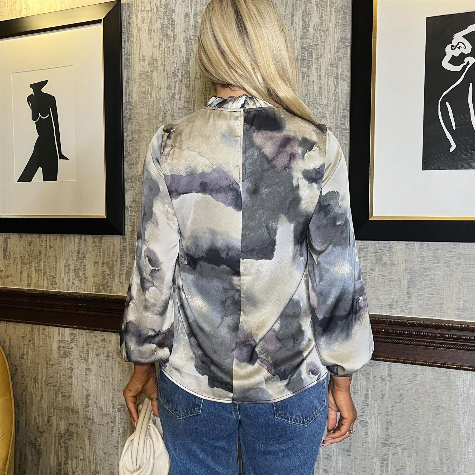 AX Paris Marble Print Long Sleeve Ruffle Neck Top