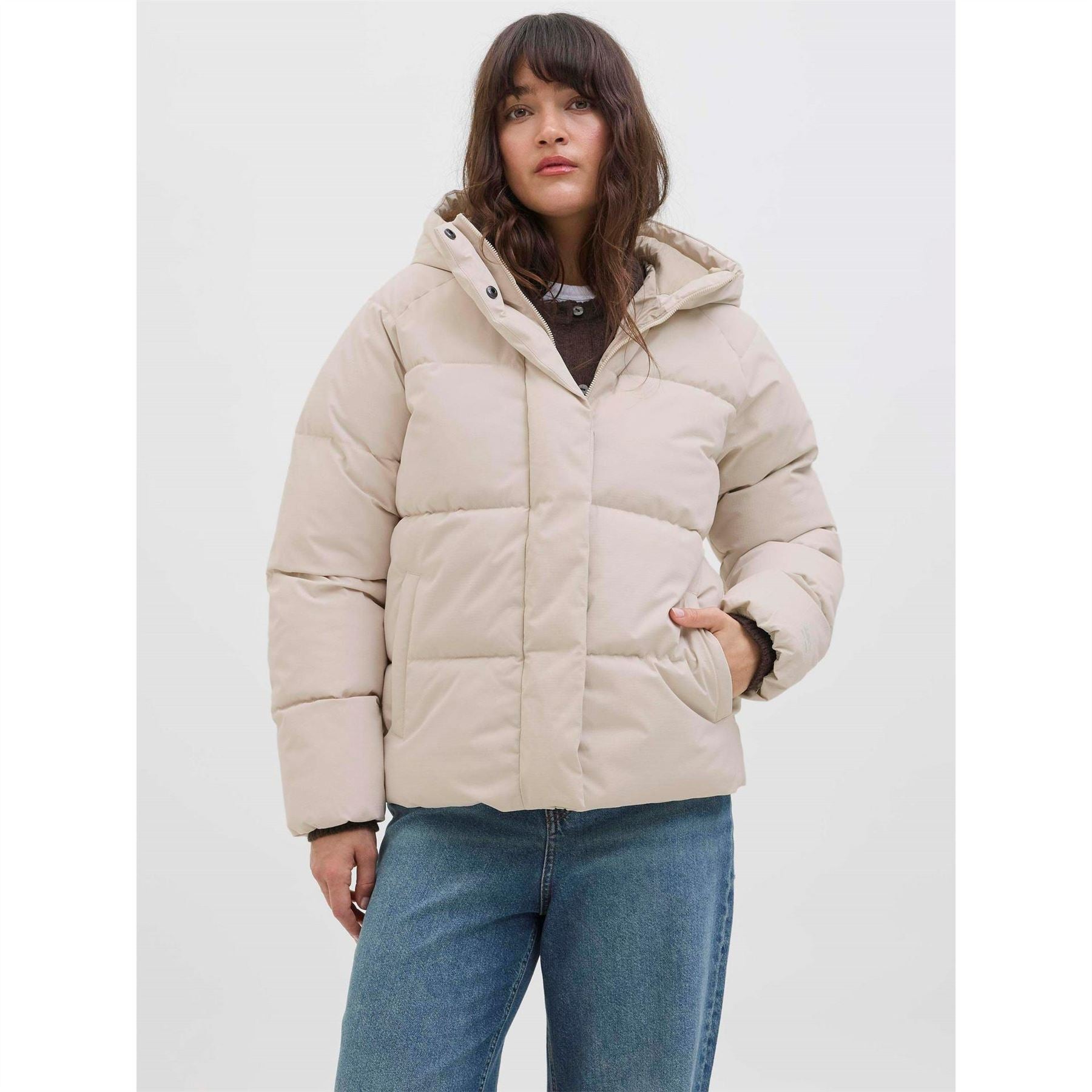 JJXX Womens Global Solid Patterned Hooded Snap Button Puffer Jacket