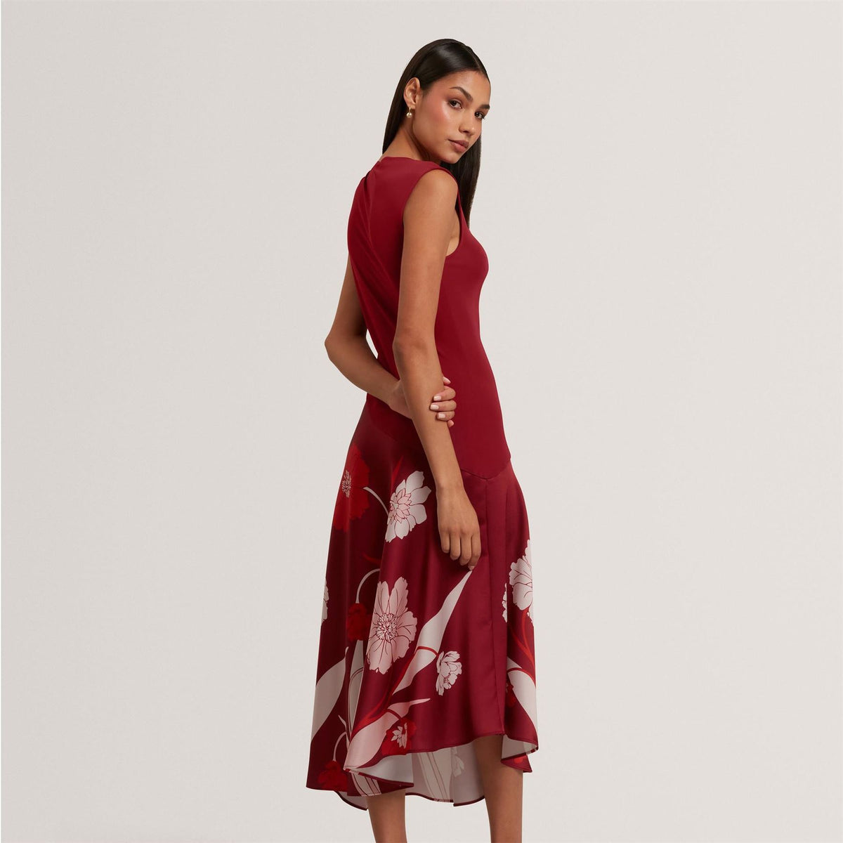 Ted Baker Printed Jersey Midi Dress With Satin Skirt