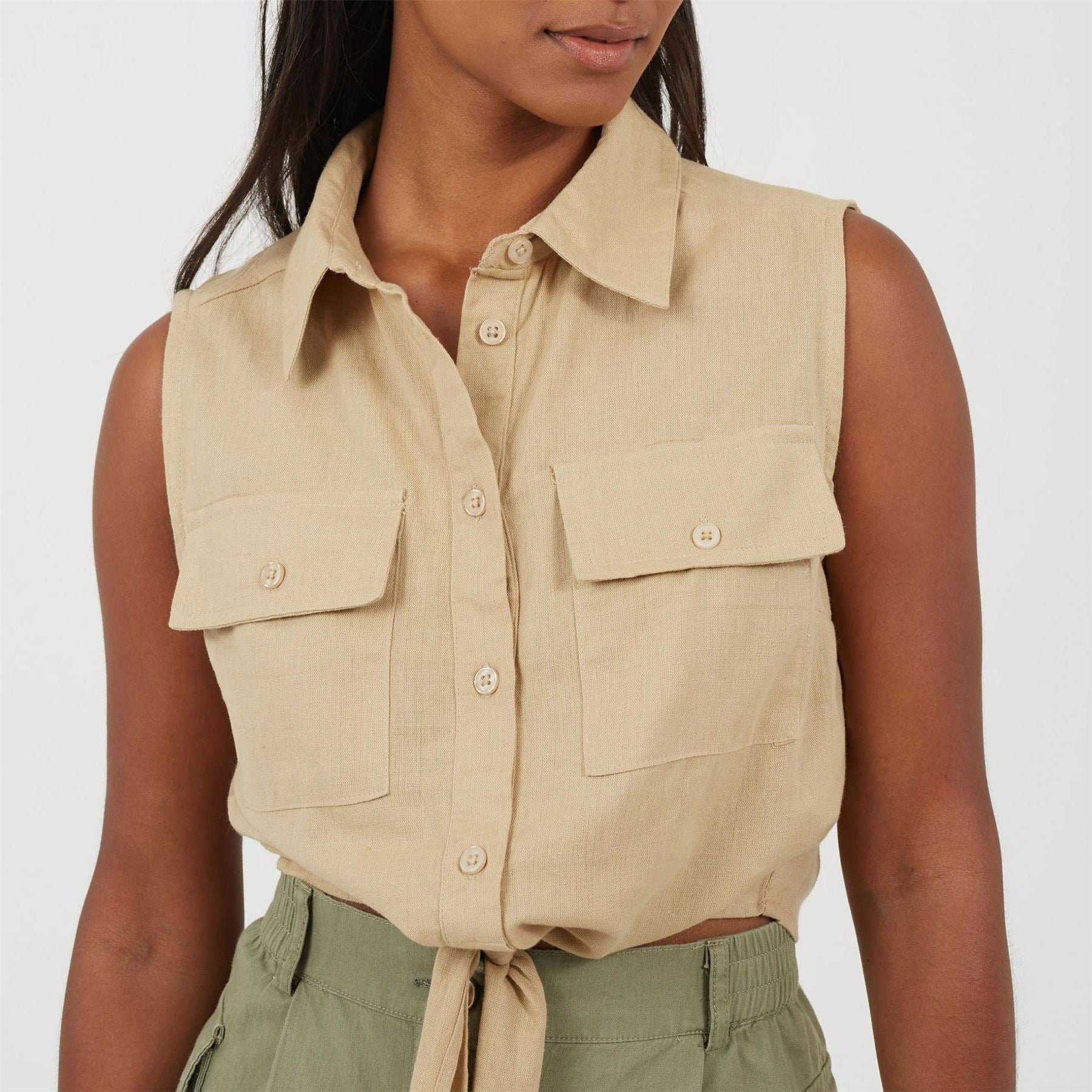 Brave Soul Womens Sleeveless Collared Top With Tie Detail