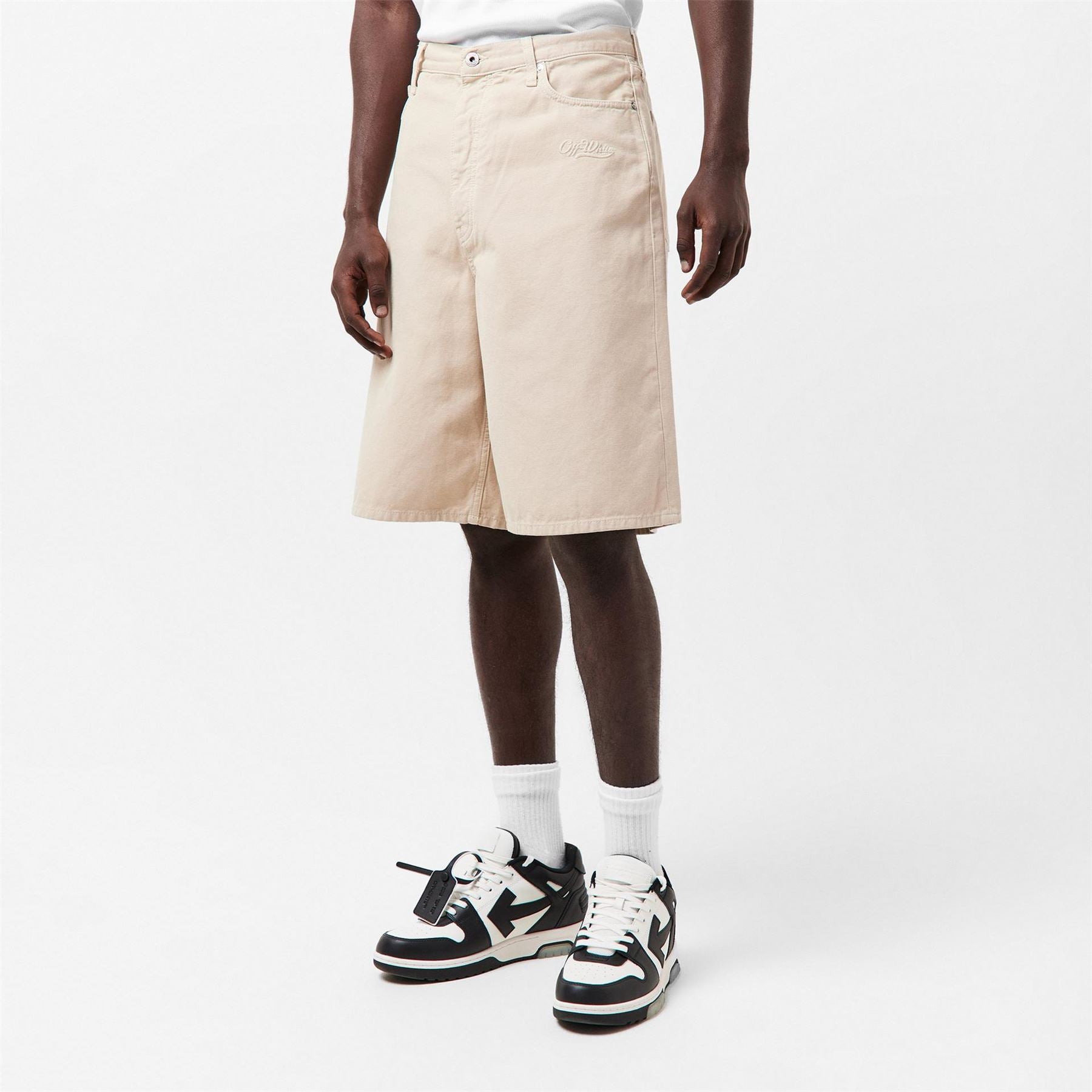 Off White Canvas Utility Denim Bermuda Shorts