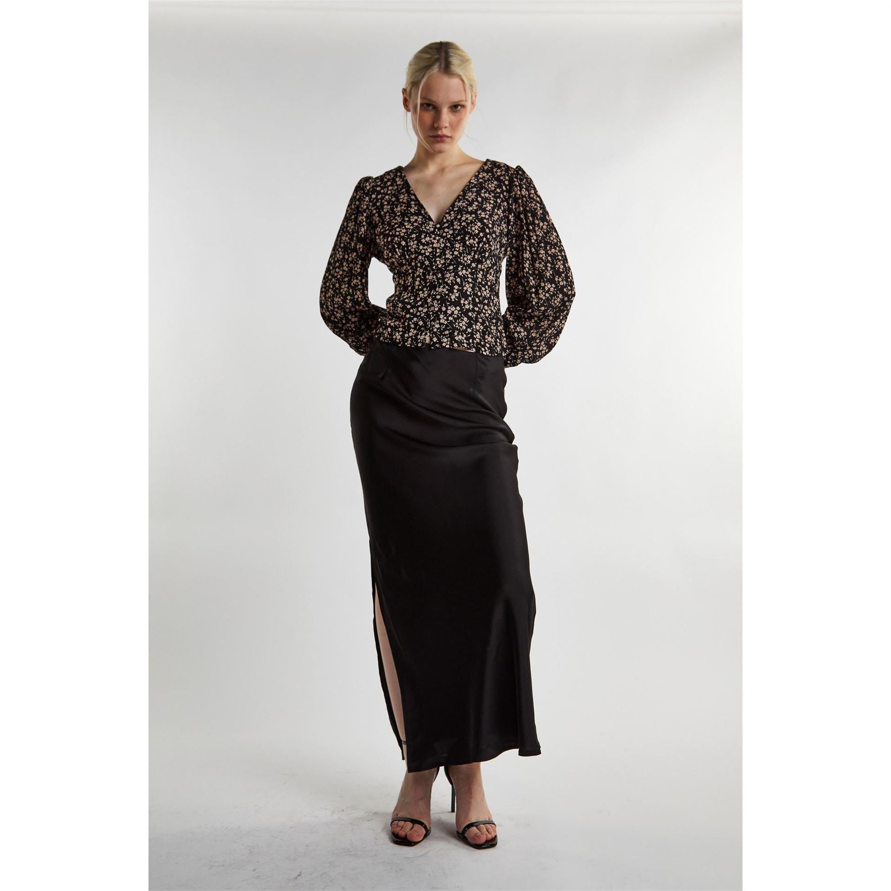 Glamorous Black Ditsy Print Button Front Top