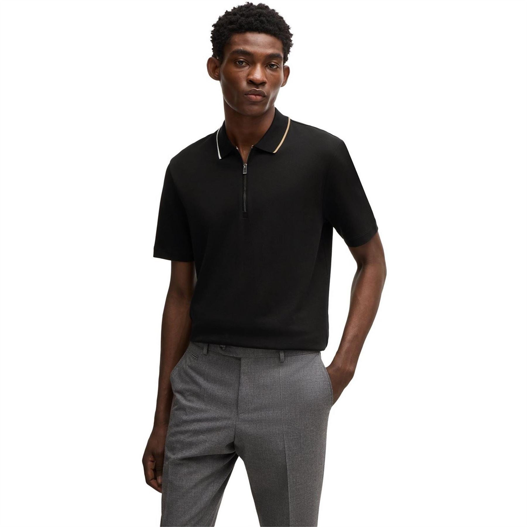 Boss Paras Quarter Zip Cotton Short Sleeve Polo Shirt
