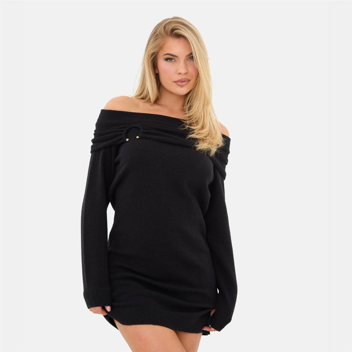 I Saw It First Trim Bardot Mini Long Sleeve Knitted Jumper Dress