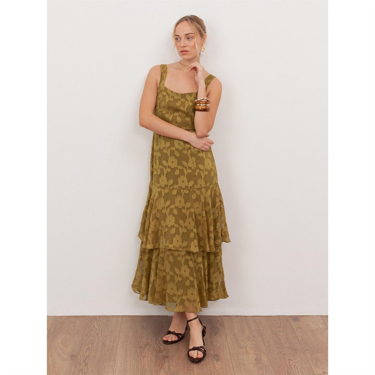 Anaya With Love With Love Recycled Golden Olive Floral Burnout Square Neck Tiered Midaxi Dress
