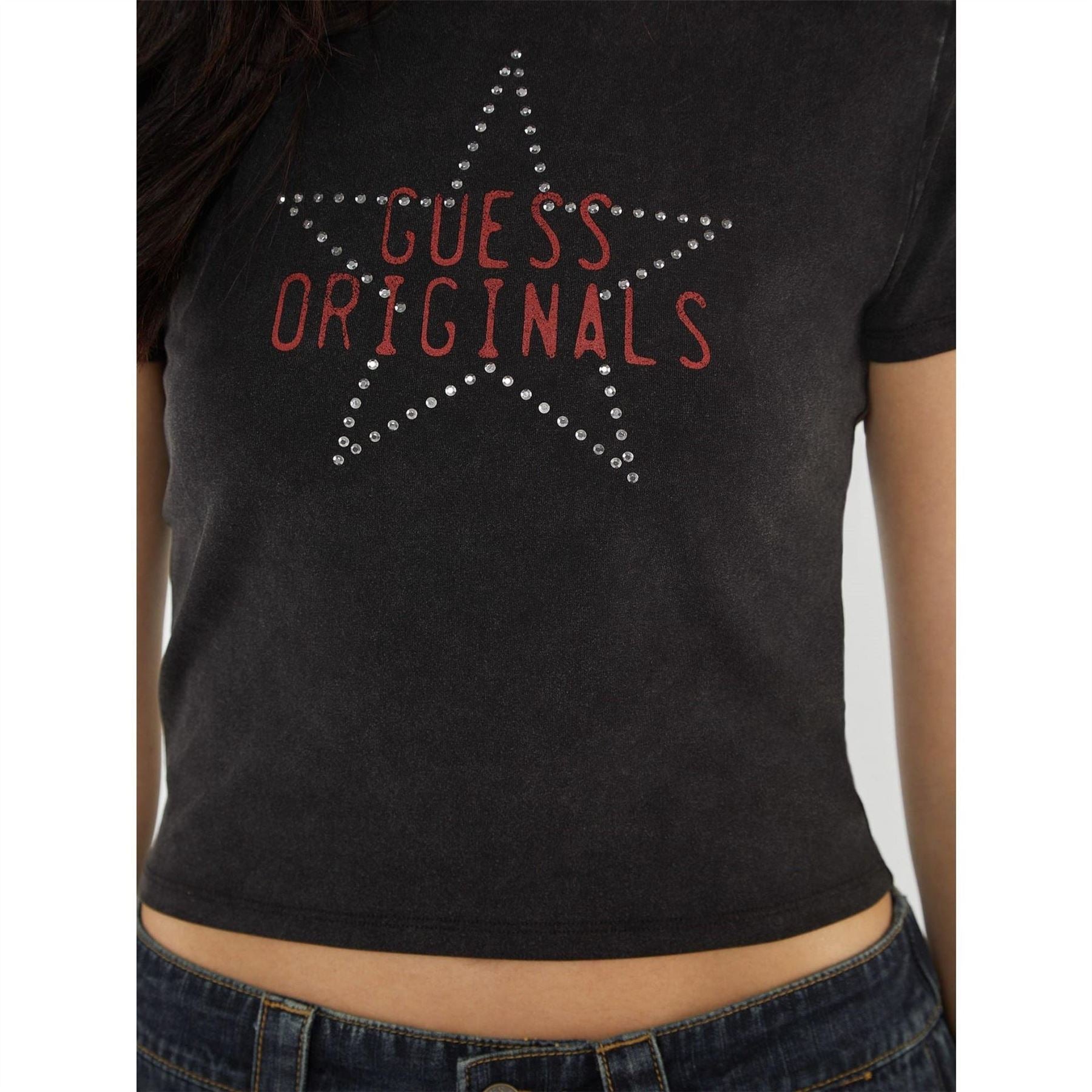 Guess Front Print And Studs Crop Top