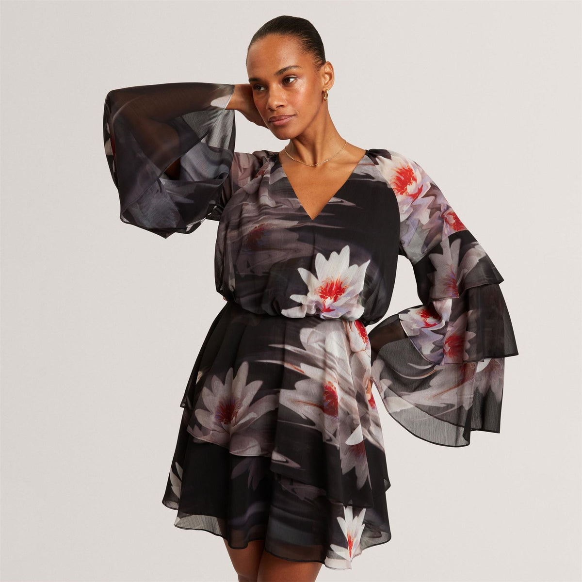 Ted Baker Baker Lily Print Frilled Long Sleeve Mini Dress