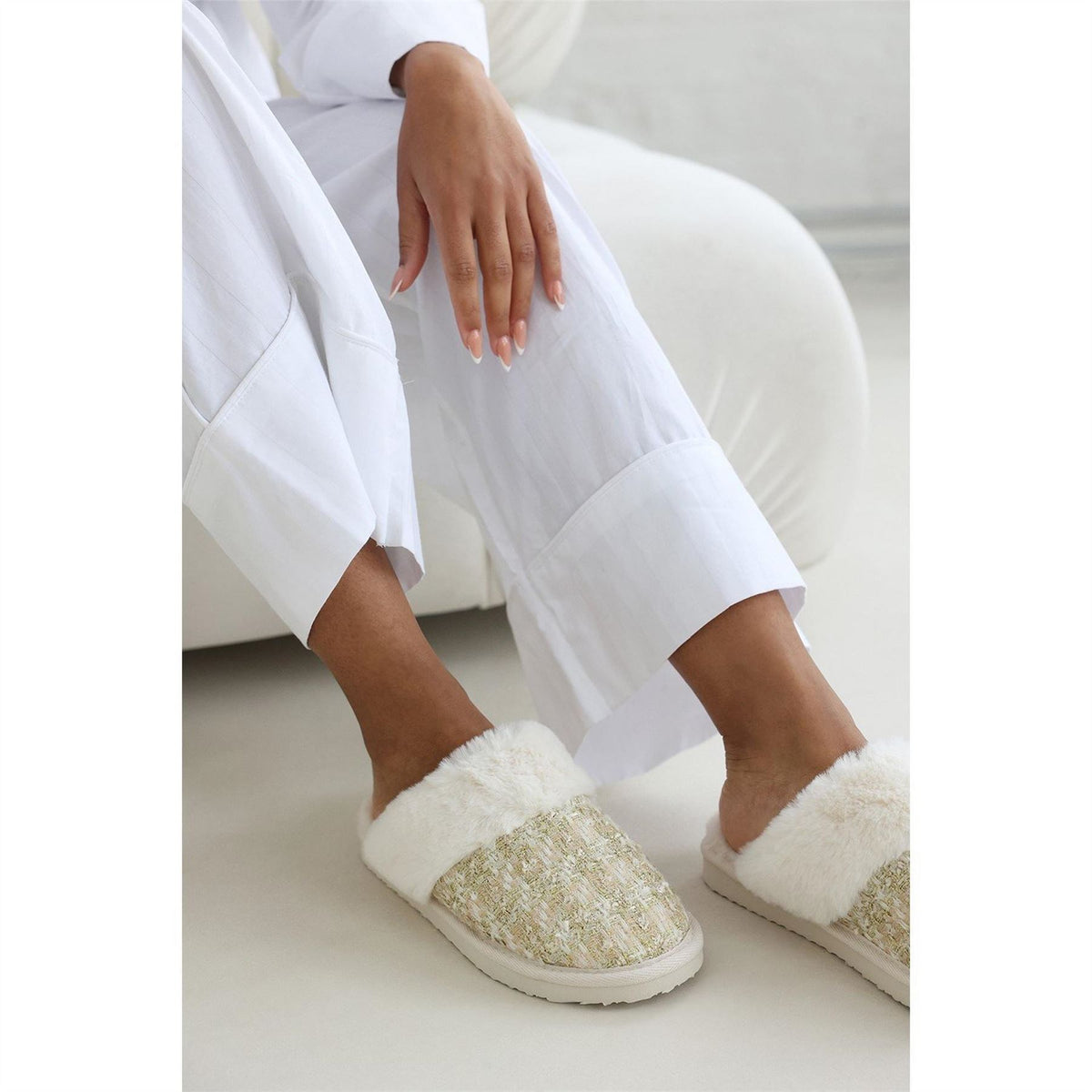 Wheres That From Sequin Tweed Mule Slippers With Faux Fur Trim
