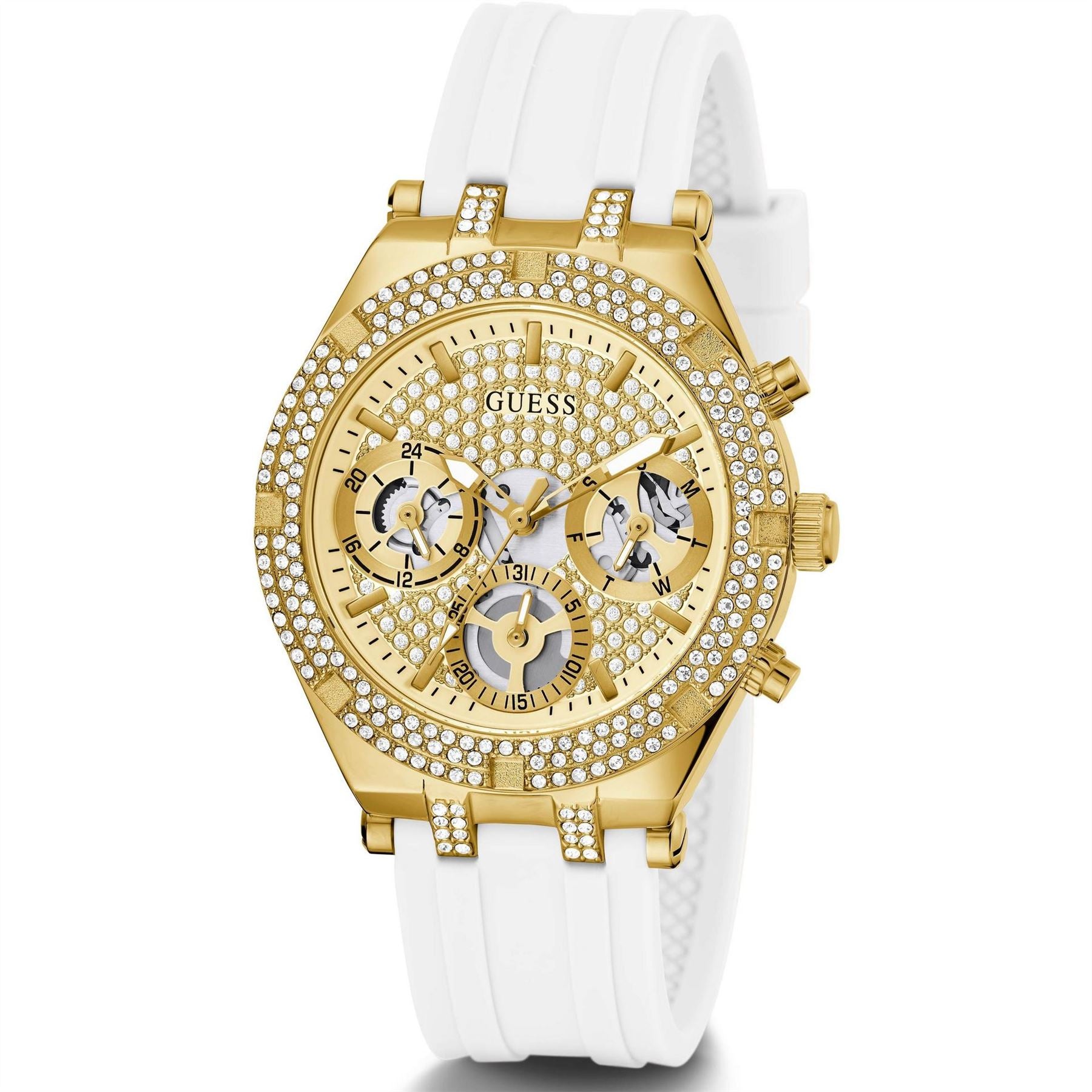 Guess Gold Analogue Quartz Watch With White Silicone Strap