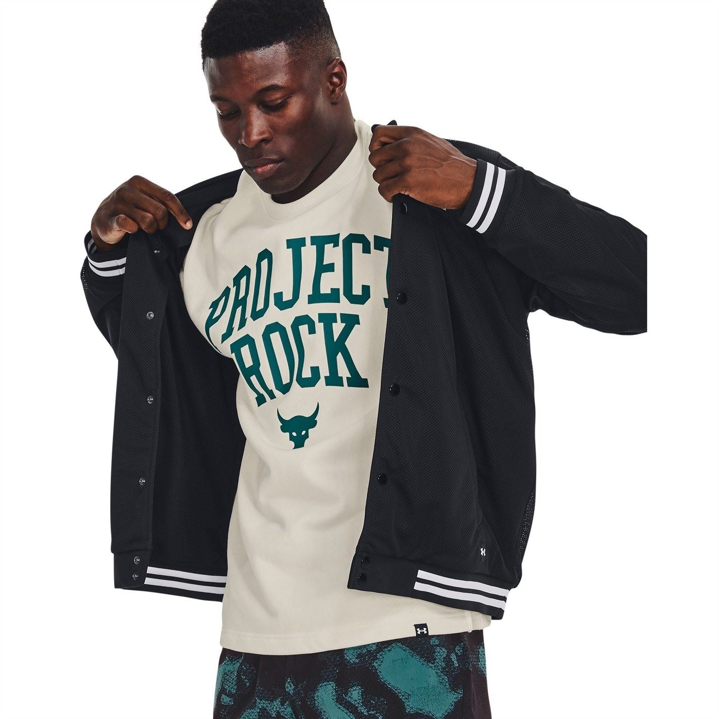 Under Armour Project Rock Solid Patterned Snap Button Varsity Jacket