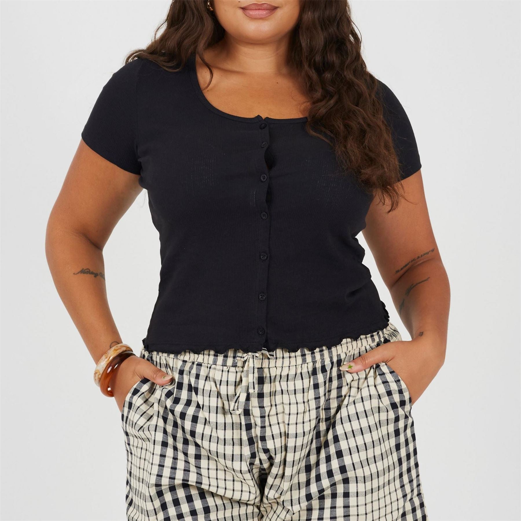 Brave Soul Plus Size Button Through Short Sleeve Top With Lettuce Hem