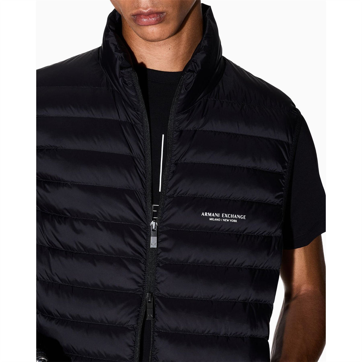 Armani Exchange Horizontal Stripe Two-Way Zipper Waist Coat with Printed Logo