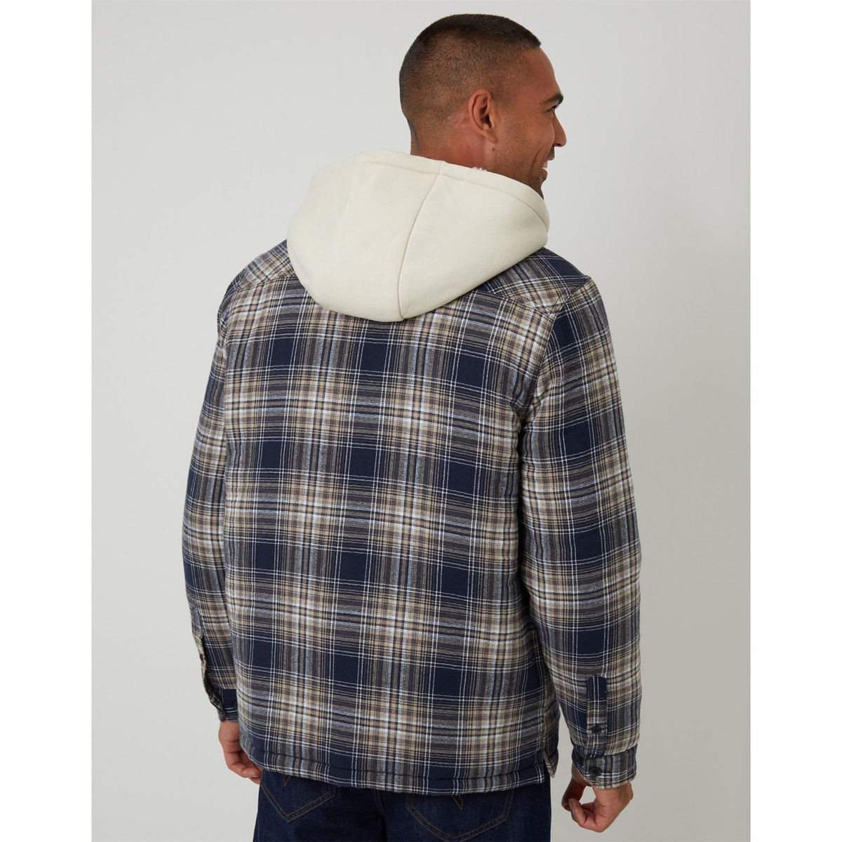 Threadbare Scotch Plaid Patterned Hooded Shirt Jacket with Chest Pocket