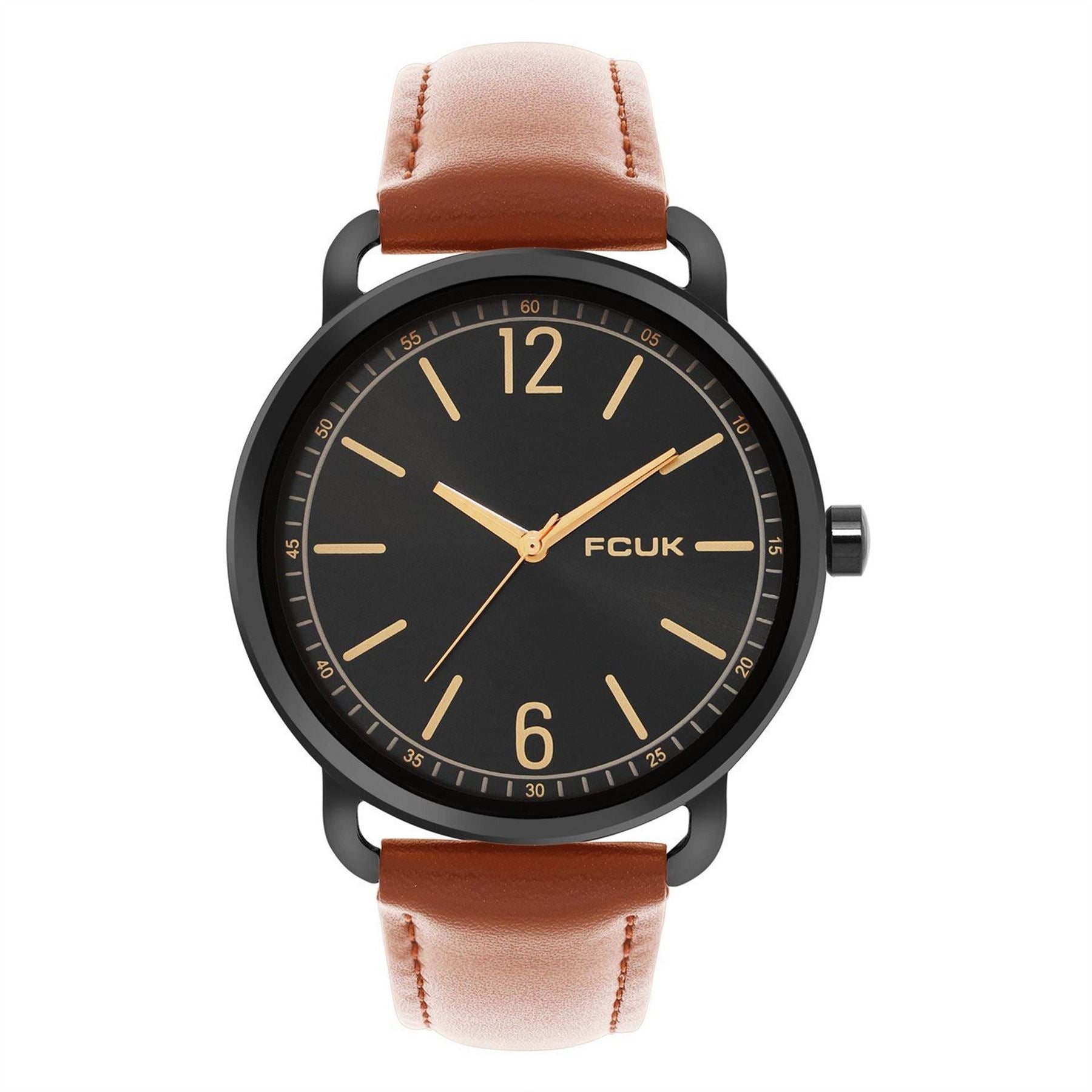 FCUK Black Case Round Shape Tan Strap Quartz Watch