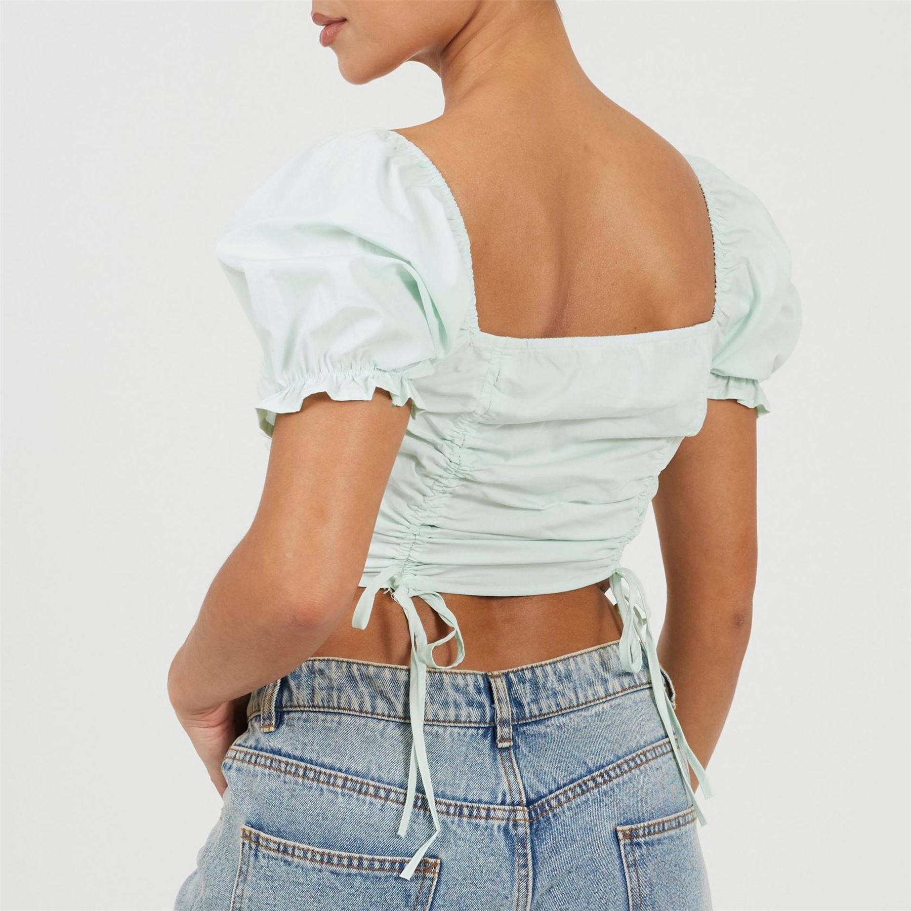 Brave Soul Womens Puff Sleeve Top With Ruched And Tie Details.