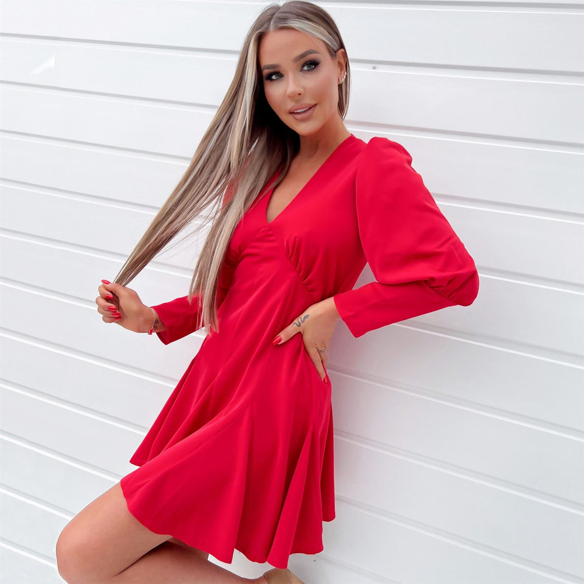 AX Paris V Neck Long Sleeve Skater Dress