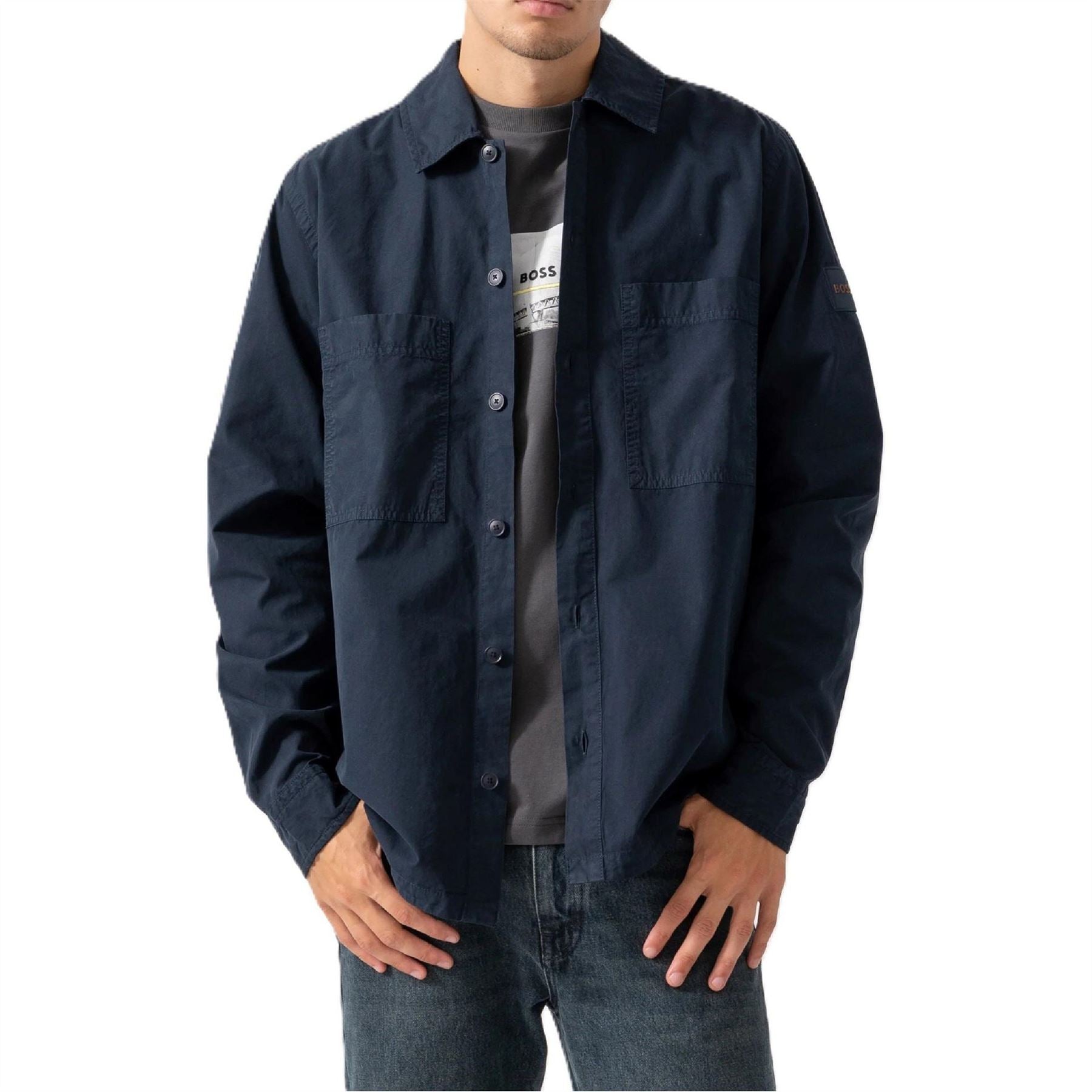 Boss Collared Neck Long Sleeve Shirt with Chest Pocket
