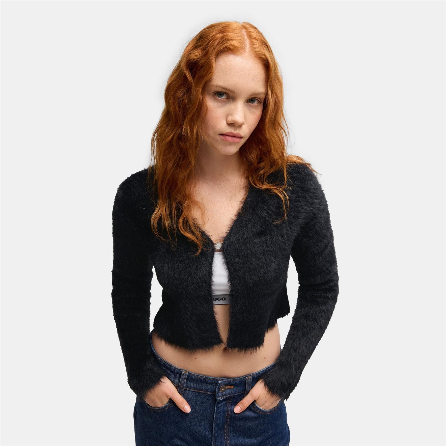 Hugo Cropped V-Neck Relaxed Fit Sweater