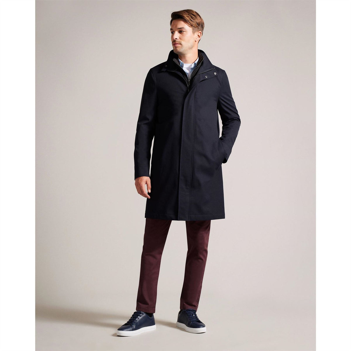 Ted Baker Solid Patterned Nylon Funnel Over Coat with Side Pocket