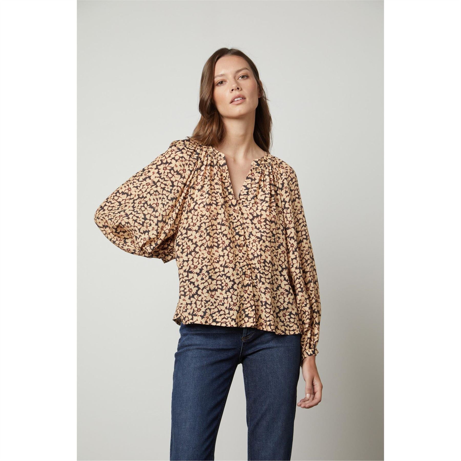 Velvet by Graham and Spencer Regular Fit Balloon Sleeve V-Neck Blouse