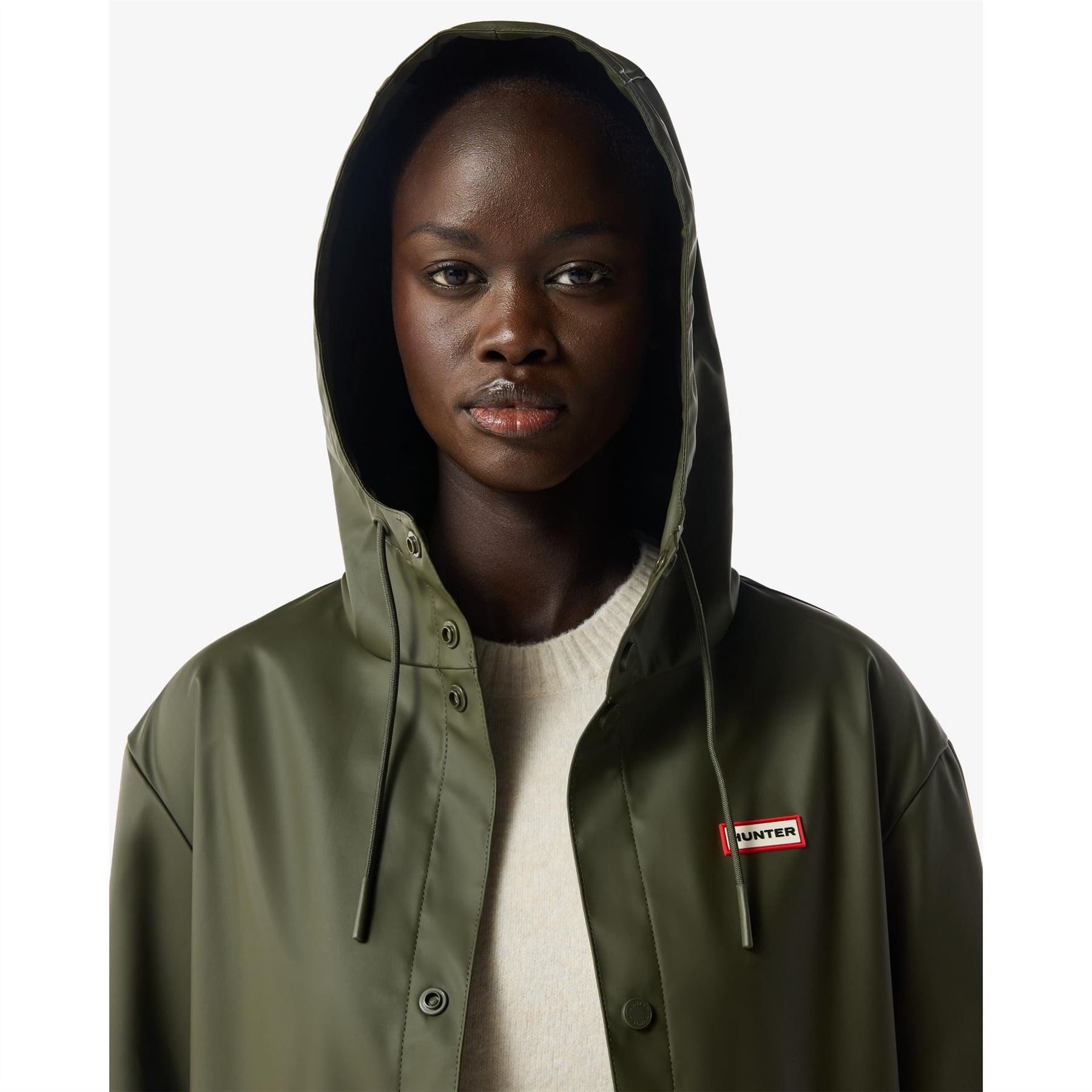 Hunter Solid Patterned Hooded Snap Button Rain Jacket