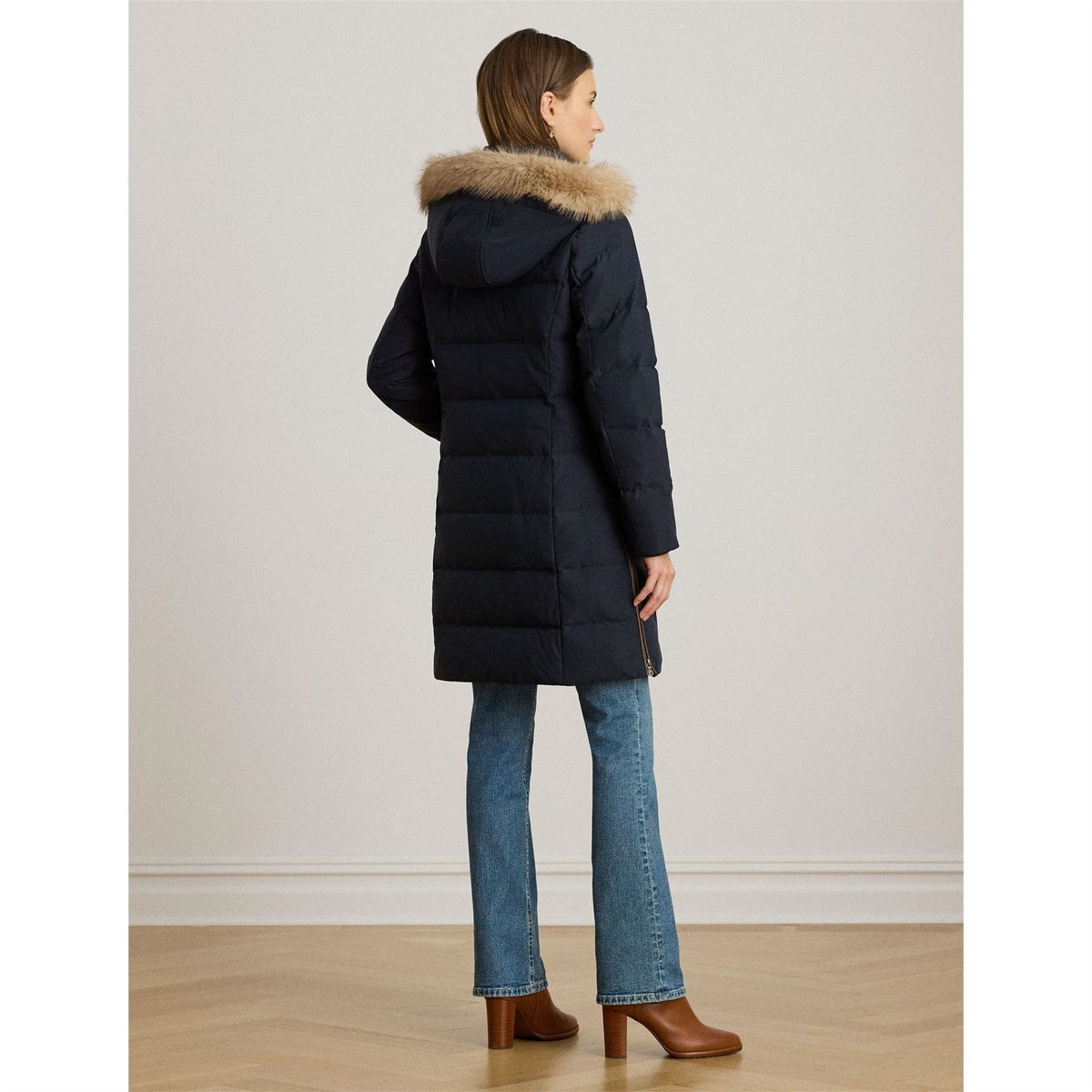 Lauren by Ralph Lauren Real Leather Fur Hood Medium Puffer Jacket