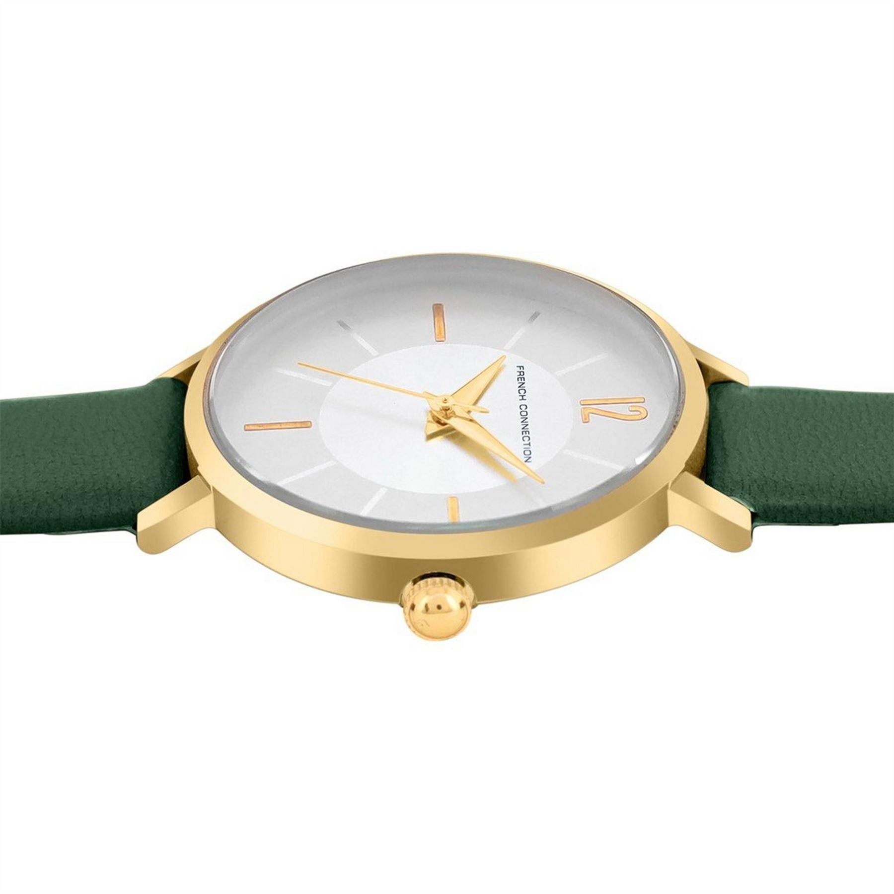 French Connection Connection Rose Case Round Shape Green Strap Quartz Watch