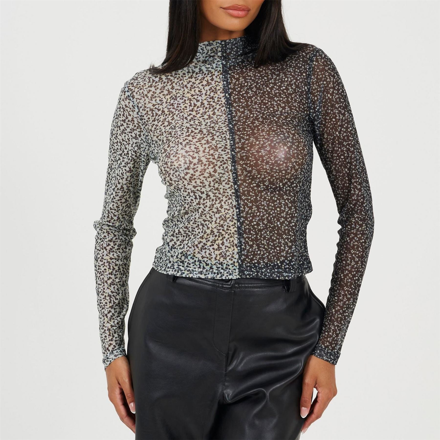 Brave Soul Mock Neck Illusion Sleeve Long Sleeve Mesh Top