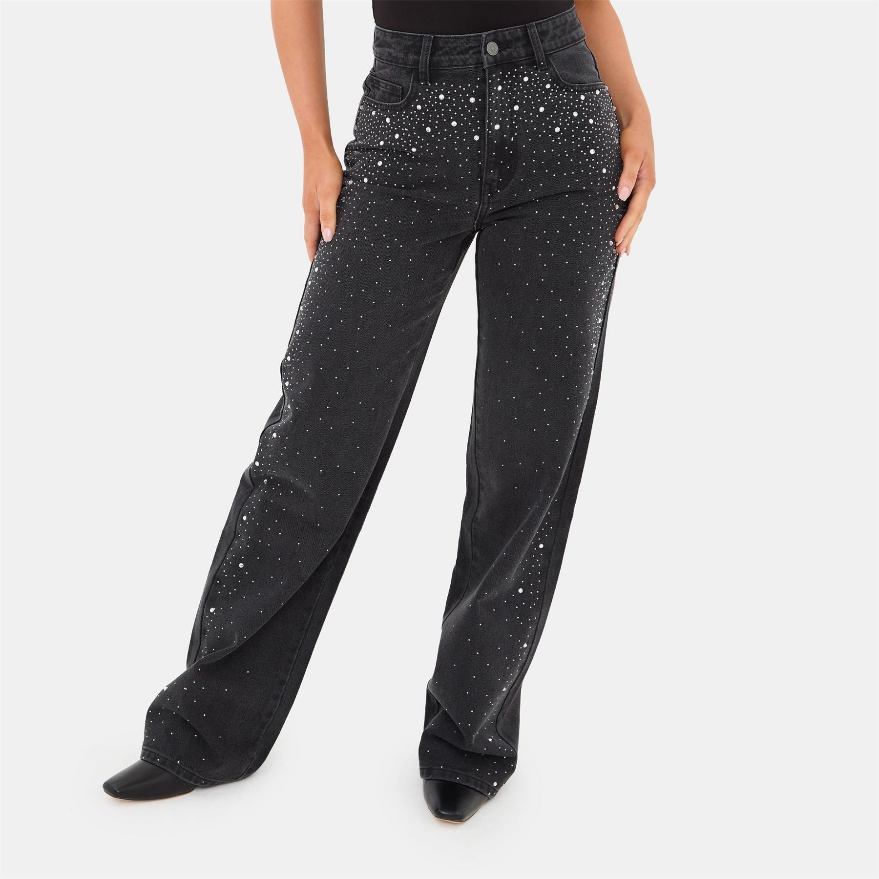 I Saw It First Rhinestone High Waisted Cotton Straight Leg Jeans