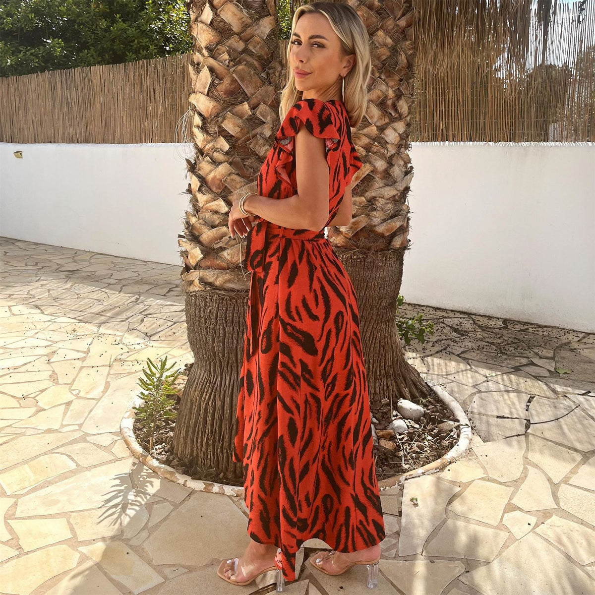 AX Paris Tiger Print Flutter Sleeve Belted Wrap Midi Dress