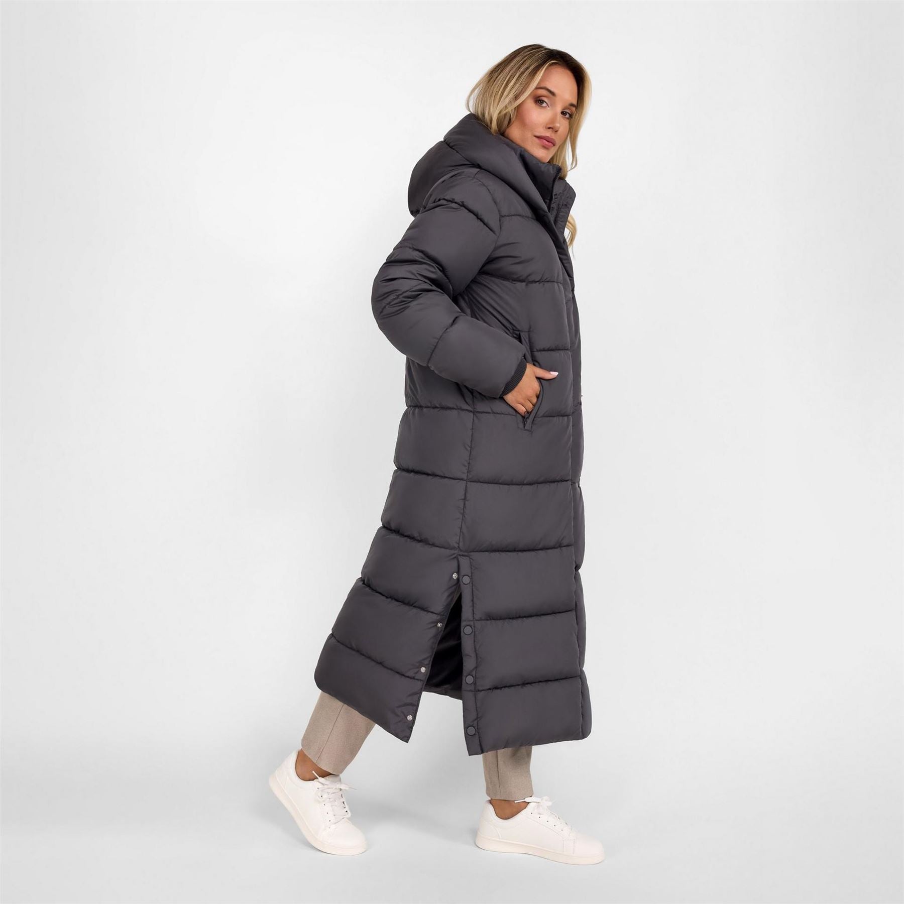Minoti Women Long Padded Winter Coat With Hood And Zip Pockets Grey