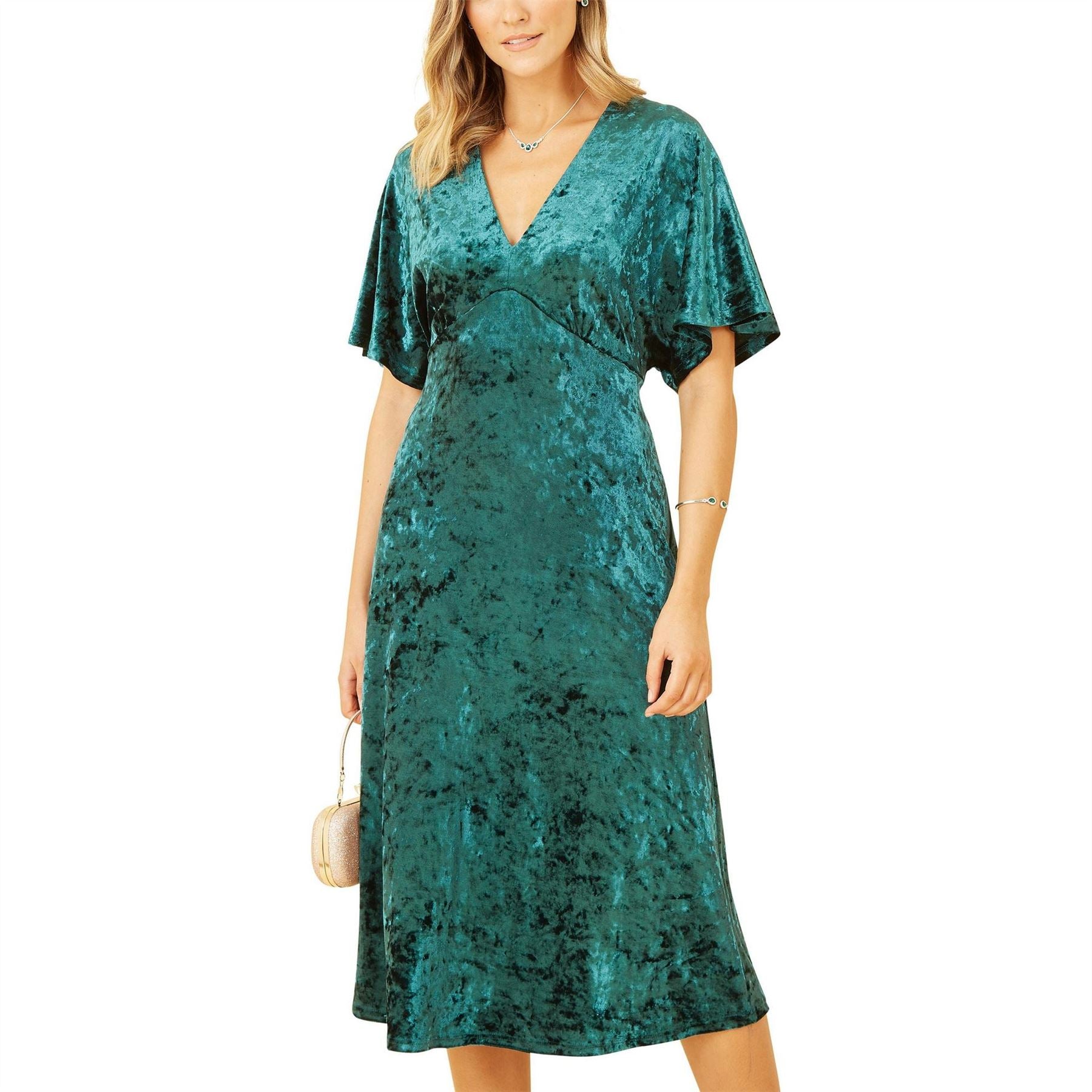 Yumi Green Velvet V-Neck Midi A-Line Dress