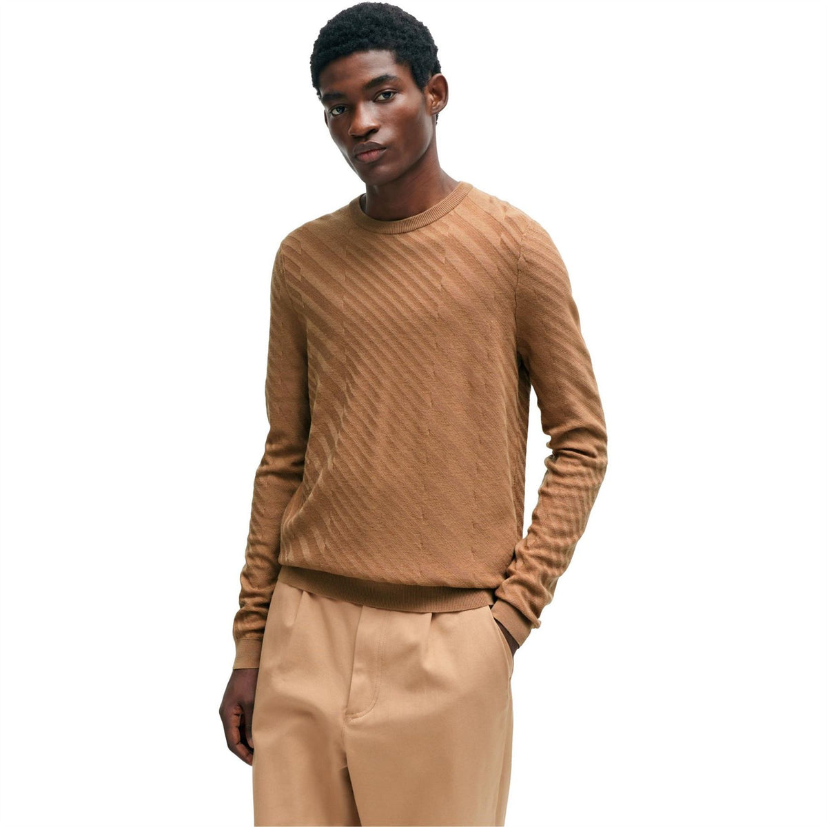 Boss Crew Neck Ribbed Collar Long Sleeve Sweater