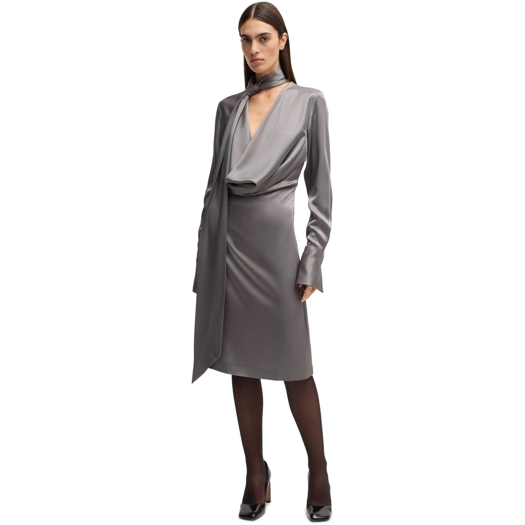 Boss Bascarva Tie Neck Long Sleeve Knee Length Dress