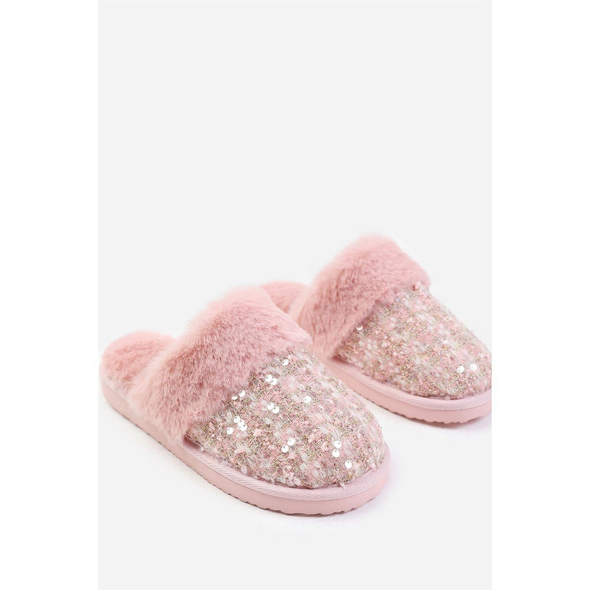 Wheres That From Sequin Tweed Mule Slippers With Faux Fur Trim