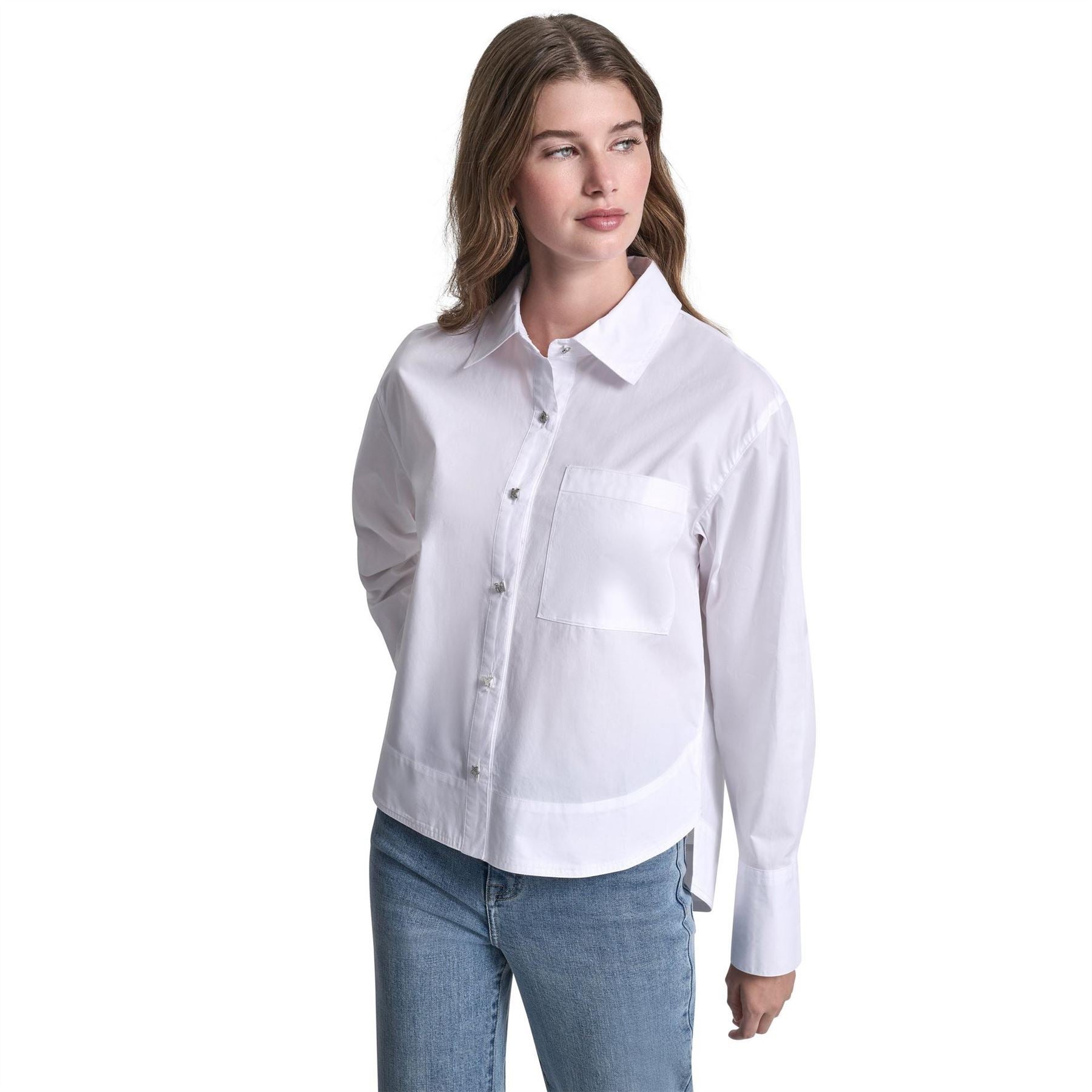 DKNY Jeans Poplin Shirt W  Rhinestone Buttons  And  Stepped Hem