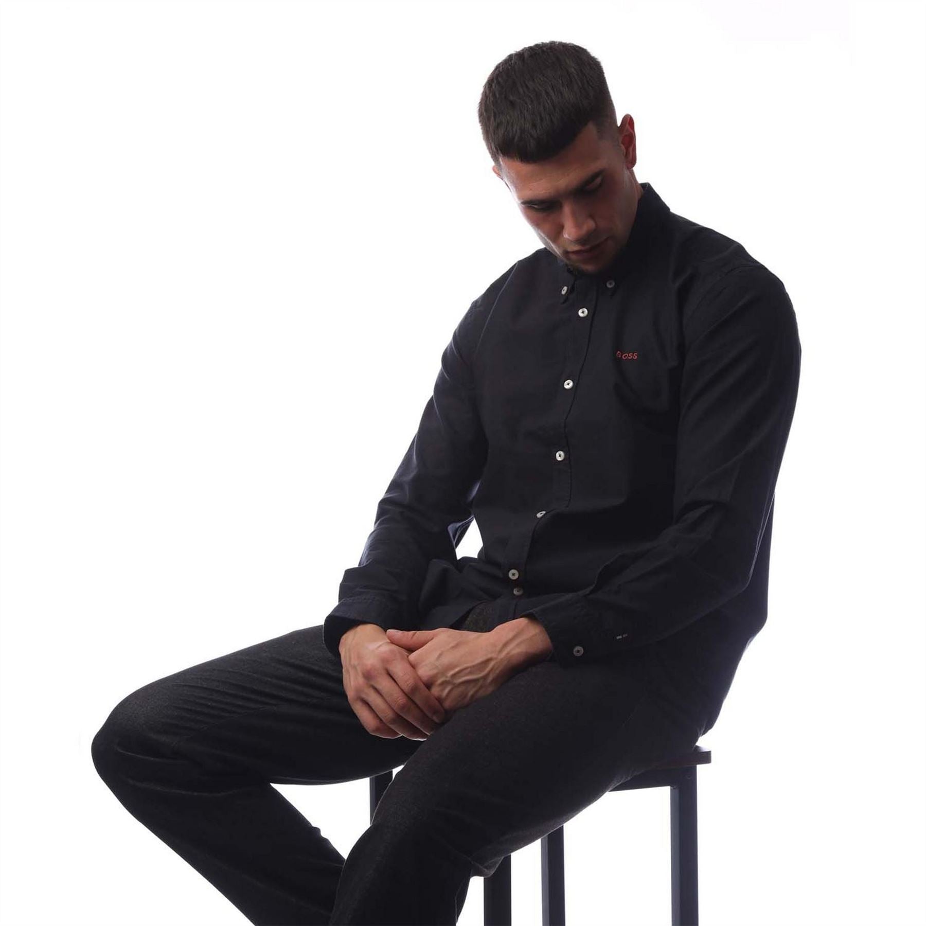 Boss Embroidered Collared Neck Button Down Long Sleeve Shirt