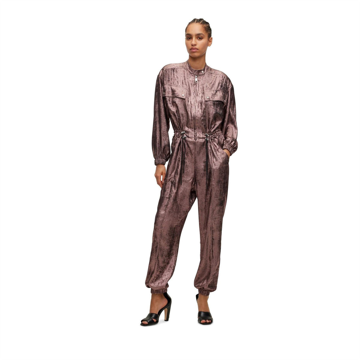 Boss Funnel Neck Long Sleeve Metallic Patterned Jumpsuit