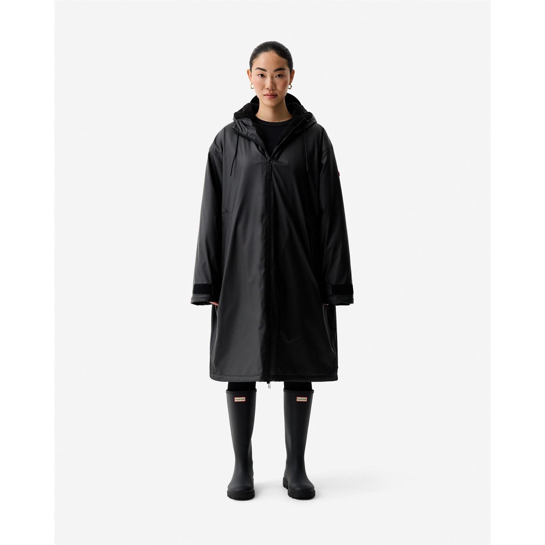 Hunter Cocoon Solid Patterned Hooded Zipped Pocket Coat