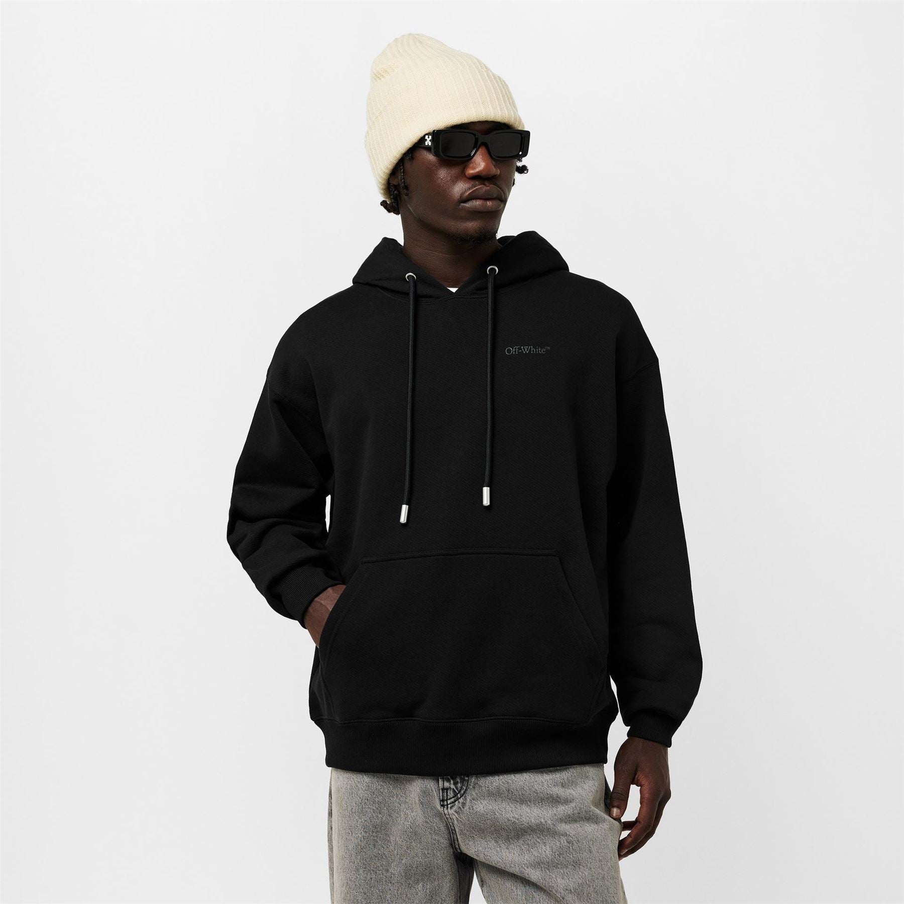 Off White Oversize Fit Hooded Neck Drop Shoulder Sweatshirt
