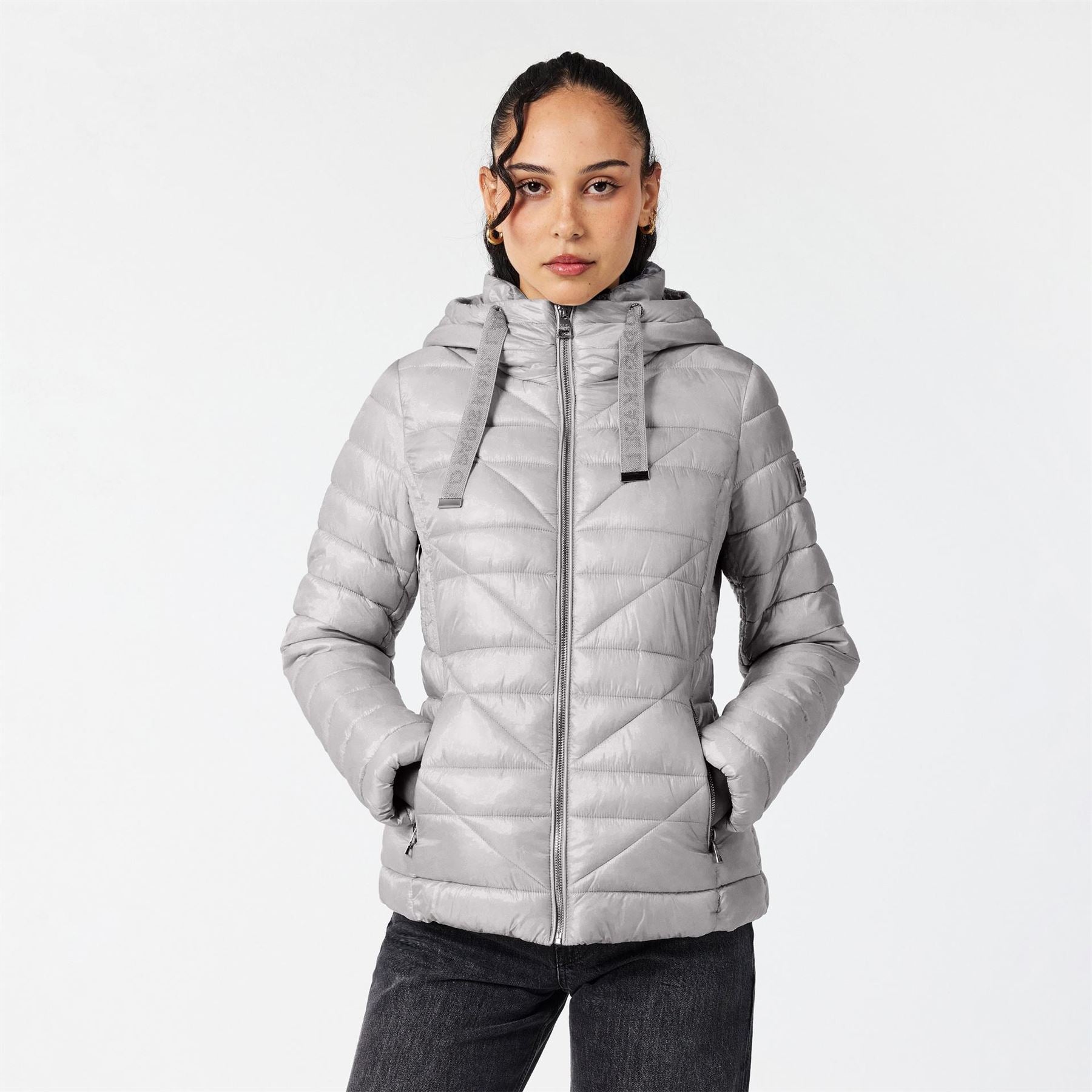 Karl Lagerfeld Solid Patterned Hooded Zipped Pocket Puffer Jacket